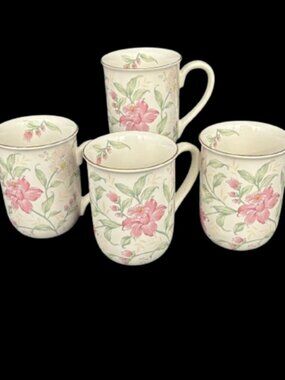 Vintage Prima Otagiri Japan White Pink Floral Lotus Porcelain Coffee Mugs Set of